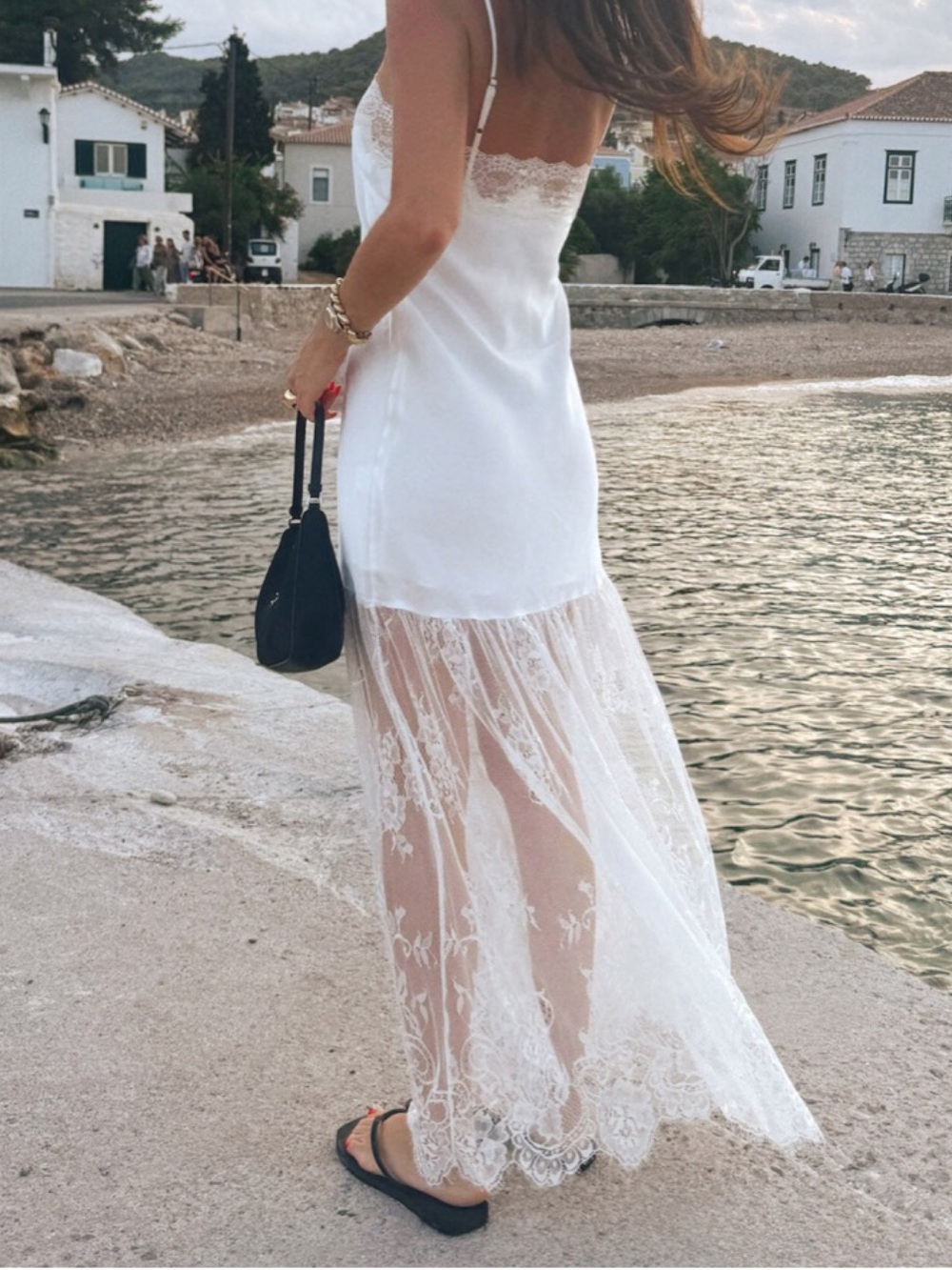 Thirty/Thirty LA whimsical white  maxi satin and lace slip dress Large